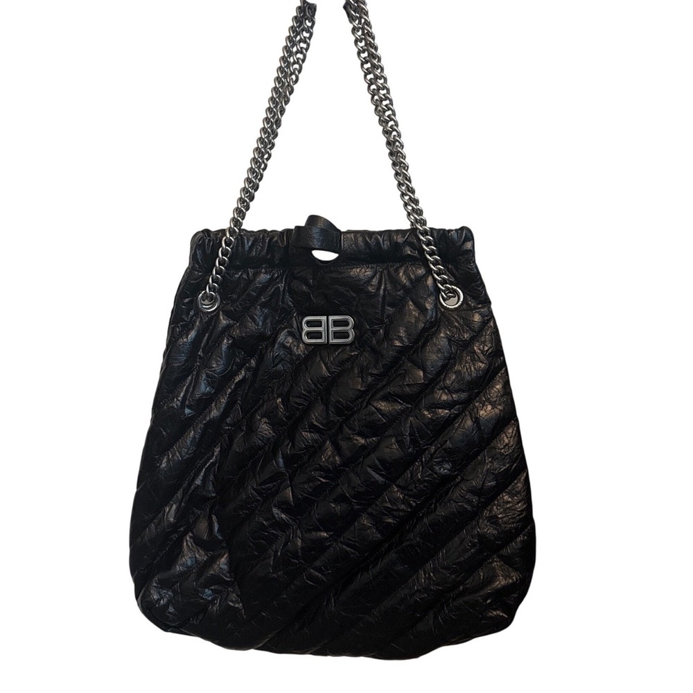 Balenciaga Crush Large Tote Bag Black Quilted Crushed Calfskin Silver Chain
